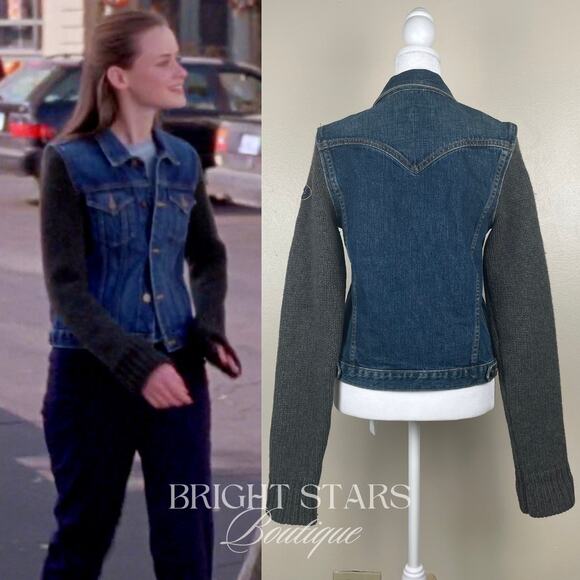 Rare Knit Wool Sleeve Denim Jacket ASO Rory Gilmore Girls Vintage Casual Y2K - Picture 4 of 12